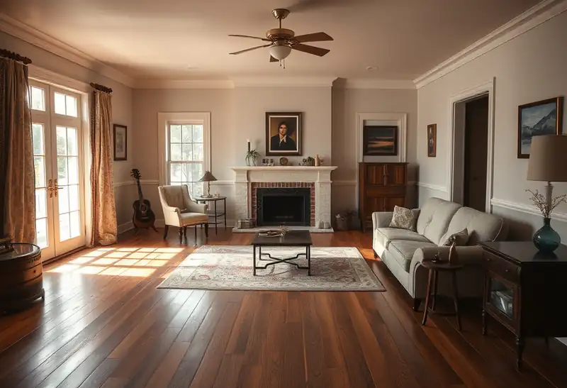 Illustration of living room with new plank flooring, as found in 1949-era homes